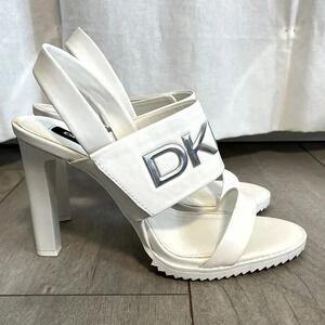 DKNY White and Silver High Heel Slingback Sandals, Size 8